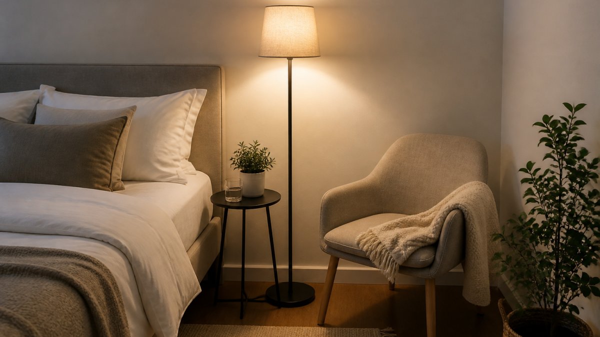 A small modern bedroom with a slim floor lamp positioned beside a bed next to a reading chair, warm light illuminating the corner and casting soft shadows on white walls, showing practical placement in a compact space