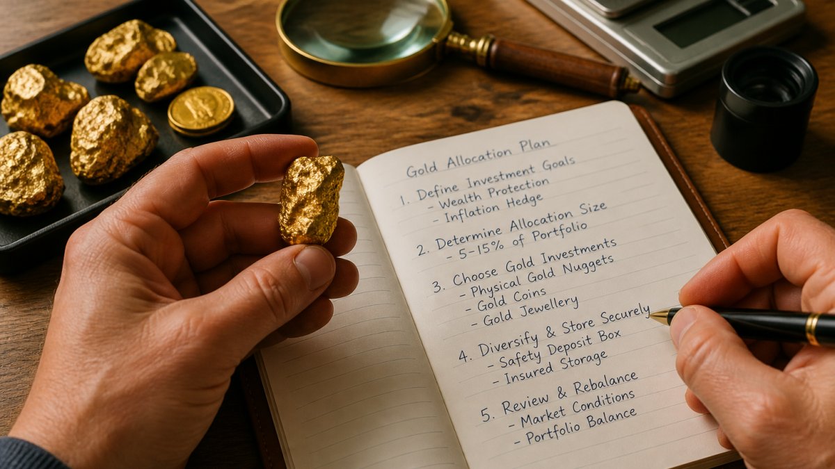Close-up of a person's hands holding a natural Australian gold nugget beside a notebook with handwritten portfolio notes on a wooden desk