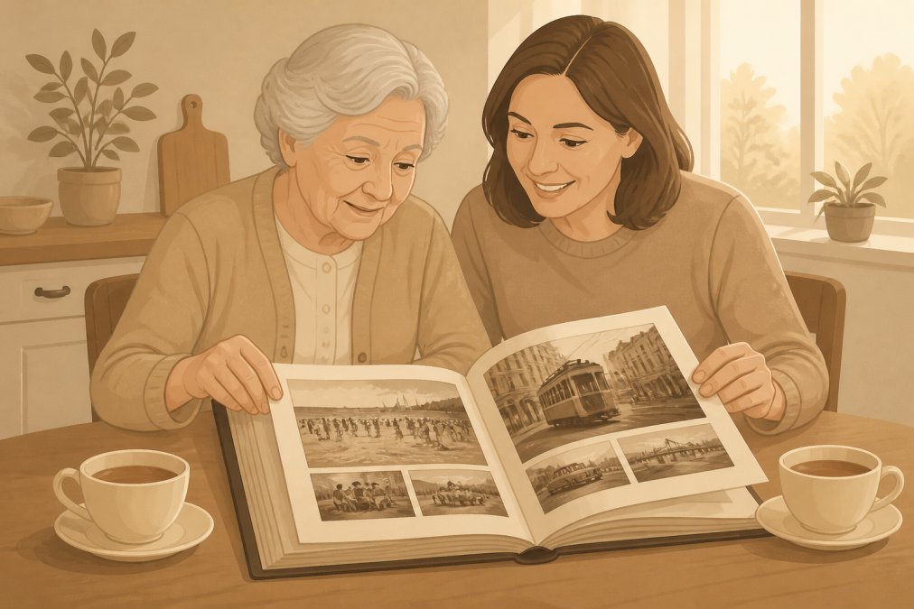 An older woman and her adult daughter sitting side by side at a kitchen table, slowly turning the pages of a large photo book together, warm afternoon light through a window, two cups of tea nearby, both looking at the same page