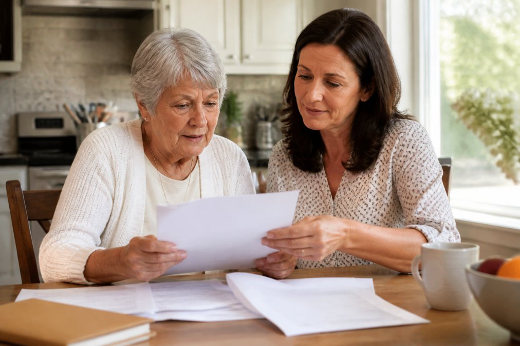 An elderly woman sitting at a kitchen table with her adult daughter, reviewing financial documents and a life insurance policy statement together in a warm, sunlit home.