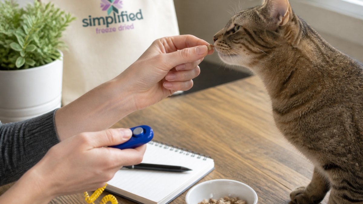 Close-up of a hand holding a small freeze-dried liver treat near a cat's nose, with a clicker visible in the other hand, cat focused and attentive