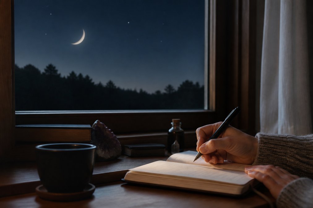 A close-up of a person's hand writing goals in a journal next to a window showing the night sky with a visible crescent moon