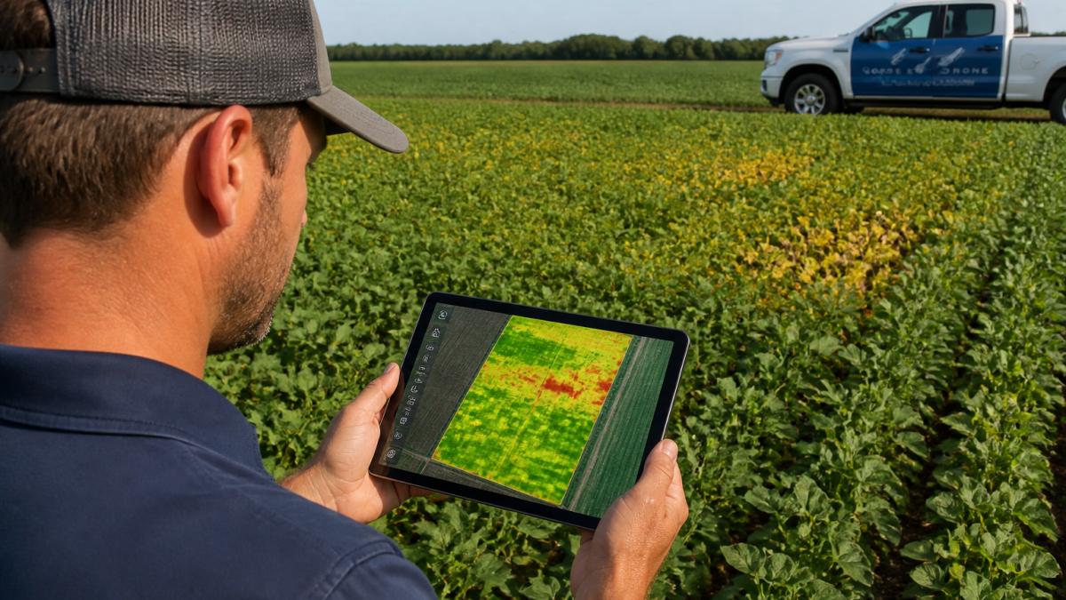 Farmer using NDVI imagery for early pest detection to analyze crop stress zones on a tablet in a field.