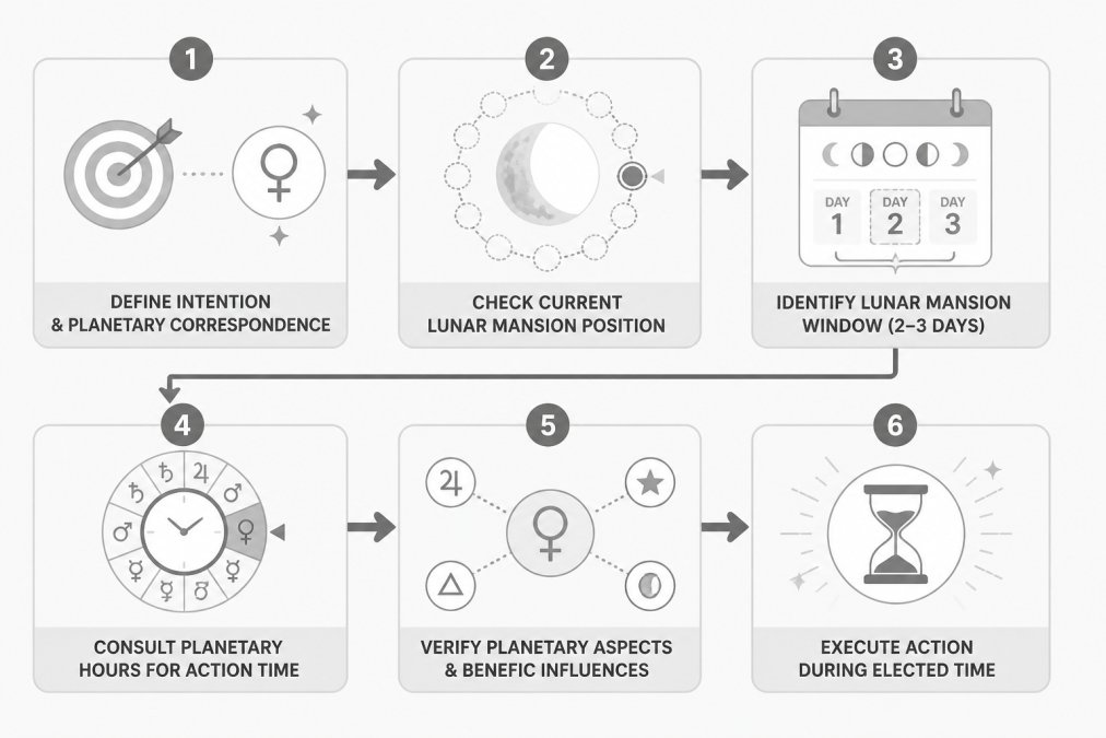 Six-step flowchart illustrating the electional astrology timing process for daily planning.