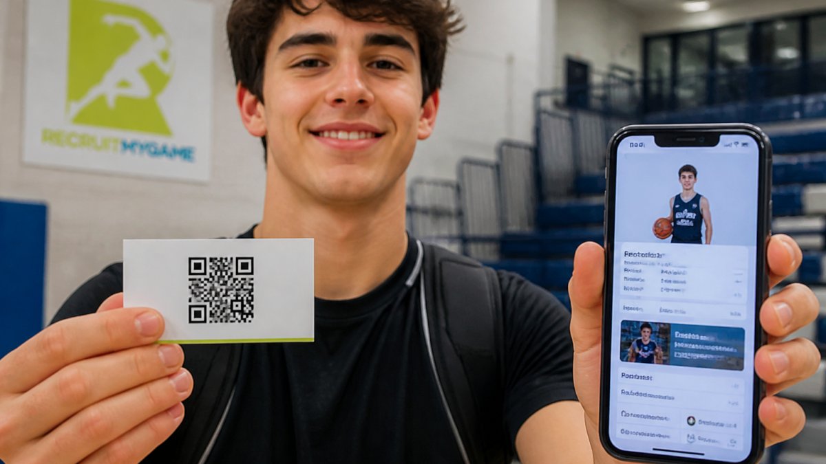 Close-up of student-athlete holding a recruiting business card with visible QR code in one hand and smartphone in the other showing the linked athlete profile page