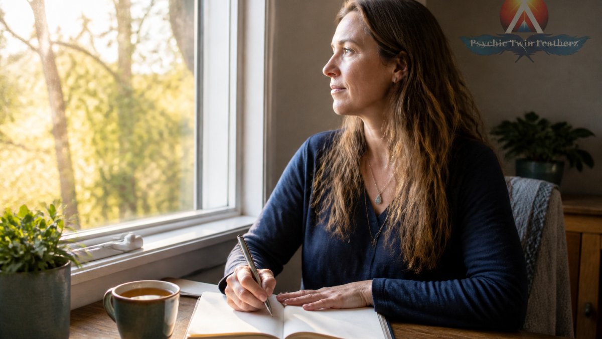 Using Spiritual Insights to Solve Everyday Problems 1 Person sitting peacefully by a window with natural morning light, journaling in a notebook with a warm cup of tea on the table beside them
