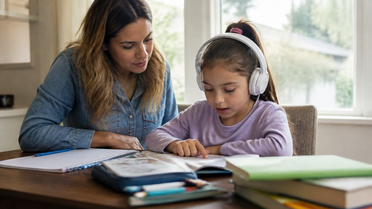 Parent and elementary-aged child sitting together at a table with a tablet, the child wearing headphones while reading homework, with textbooks and worksheets visible on the table in natural afternoon light