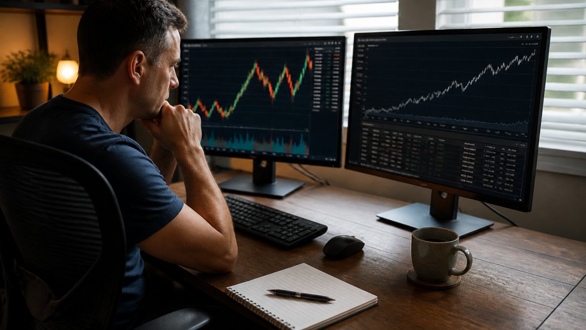 A focused trader at a dual-monitor workstation reviewing tick-level price charts and a backtest equity curve in a dimly lit home office, with a notebook and coffee nearby
