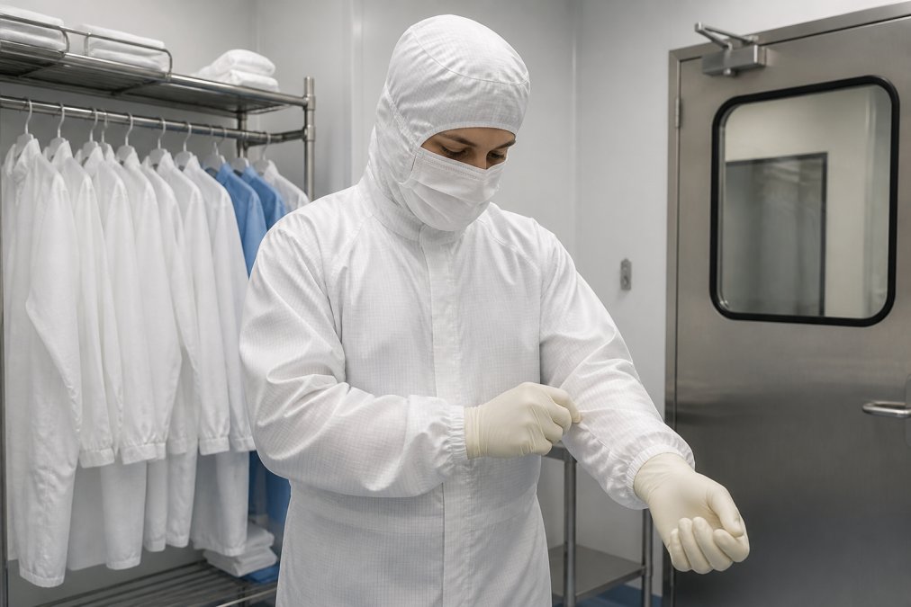 Technician in full cleanroom gown, hood, face mask, and sterile gloves performing proper gowning procedure in a USP 797 compliant facility, demonstrating correct layering and fit with careful attention to sealing