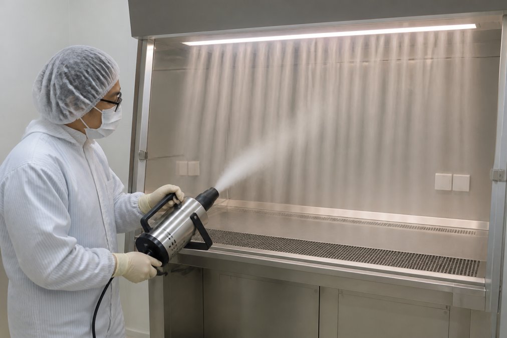 Cleanroom technician using smoke visualization equipment to demonstrate laminar airflow patterns across a biological safety cabinet, with visible white particulate flow moving from ceiling downward in smooth, parallel lines without turbulence