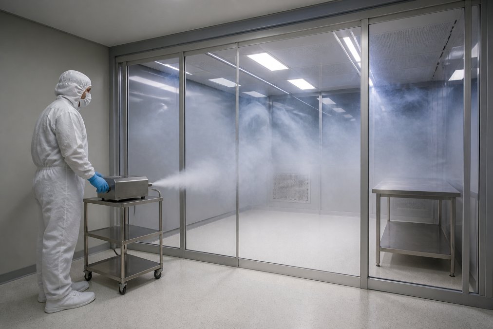 Technician performing cleanroom airflow visualization using fog aerosol generator inside a buffer room, with visible particle clouds dispersing through laminar airflow patterns under LED lighting