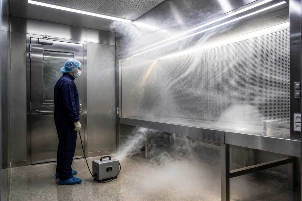 Professional illustration showing Technician, LED for cleanroom fogger requirements