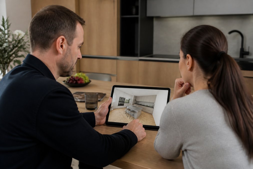 Návrhář diskutuje se zákazníkem o&nbsp;3D vizualizaci a&nbsp;ergonomii, kterou vyžaduje správné uspořádání kuchyně pro&nbsp;leváky.