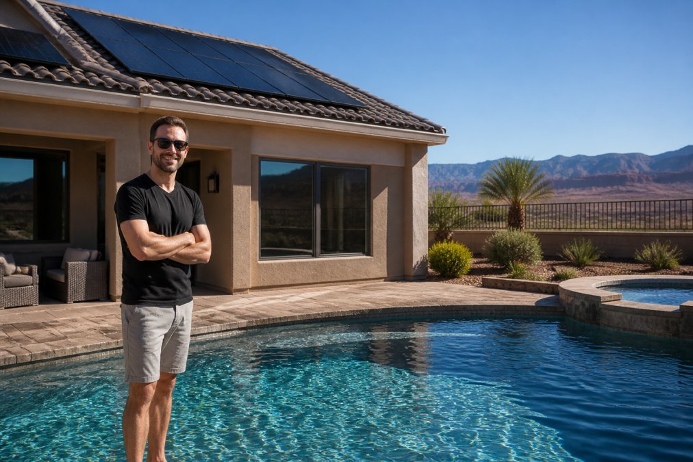 Homeowner standing beside a residential swimming pool with solar heating panels visible on the roof in bright afternoon sunlight, with desert landscape in background