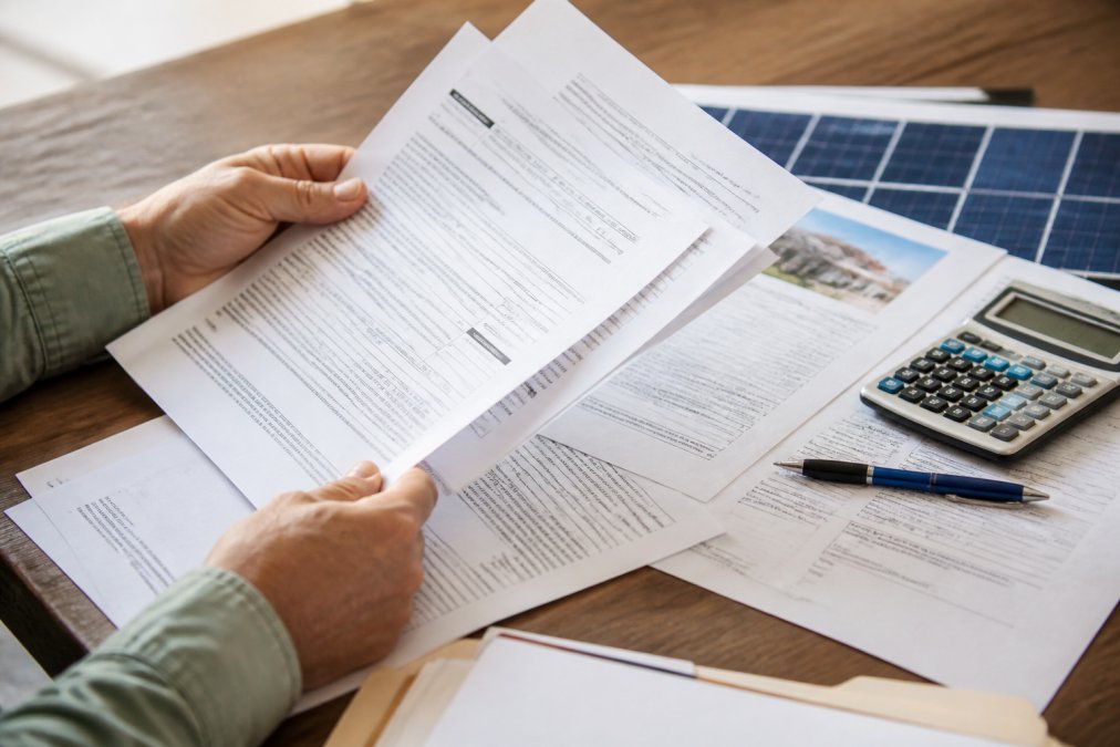 Close-up of hands reviewing tax documents and renewable energy forms on a desk with a calculator and pen nearby, with solar panel diagrams visible