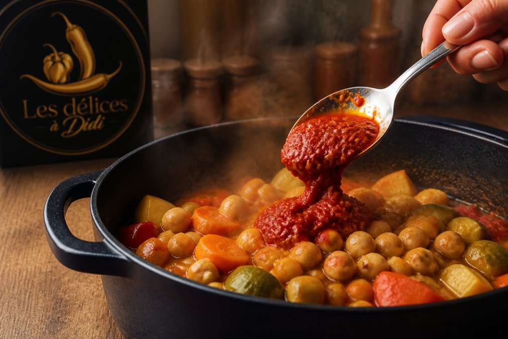 Ajout de harissa dans un tajine de pois chiches et légumes pour utiliser la harissa dans des plats mijotés.