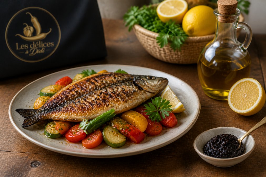 Assiette de poisson grillé garni de légumes colorés avec une cuillère de pâte de citron noir à côté, sur une table en bois avec huile d'olive et citrons frais