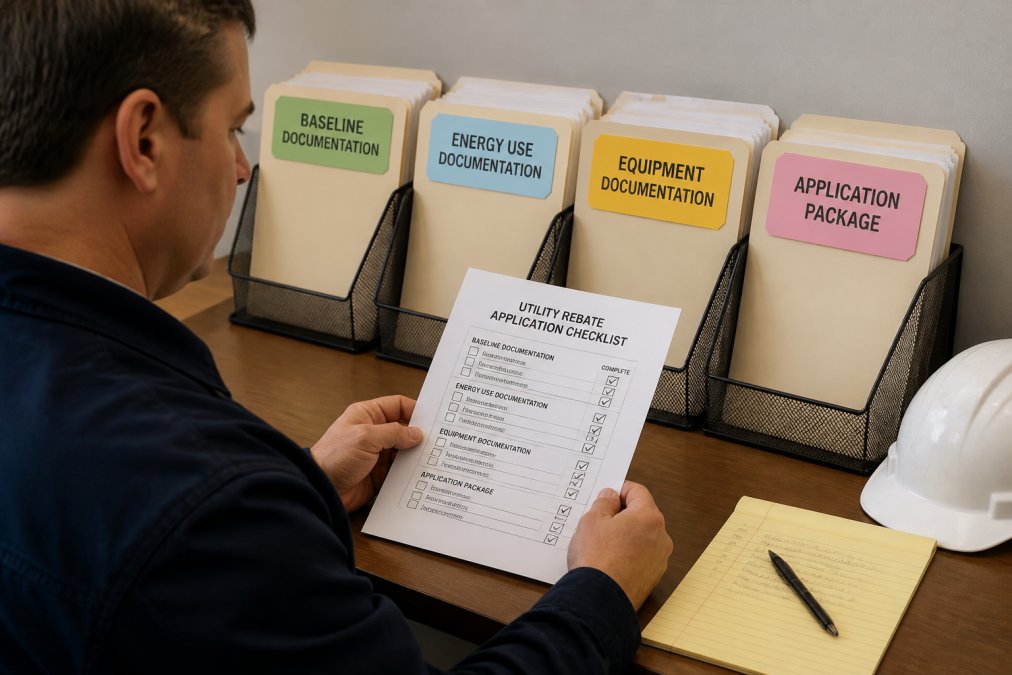 Organized file folders and checklist showing utility rebate documentation organized by phase (baseline, energy use, equipment, application package), with a facility manager reviewing a completed checklist