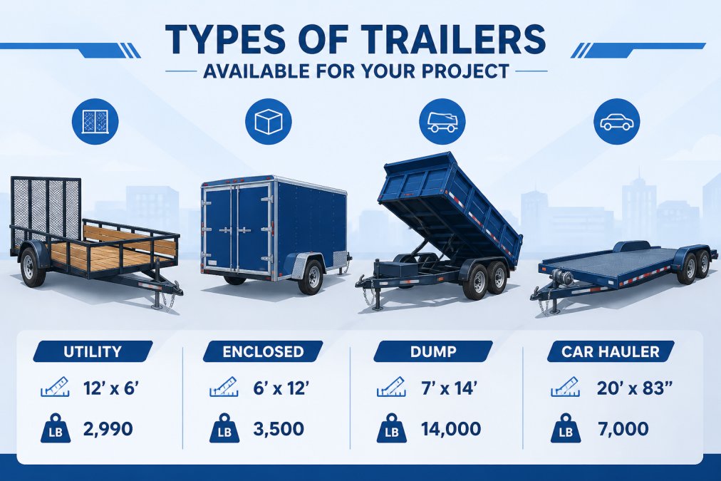 Professional lineup of four distinct trailers parked in daylight showing an open utility trailer with wood frame, enclosed cargo trailer with rear doors, dump trailer with hydraulic bed, and car hauler with winch mechanism clearly visible