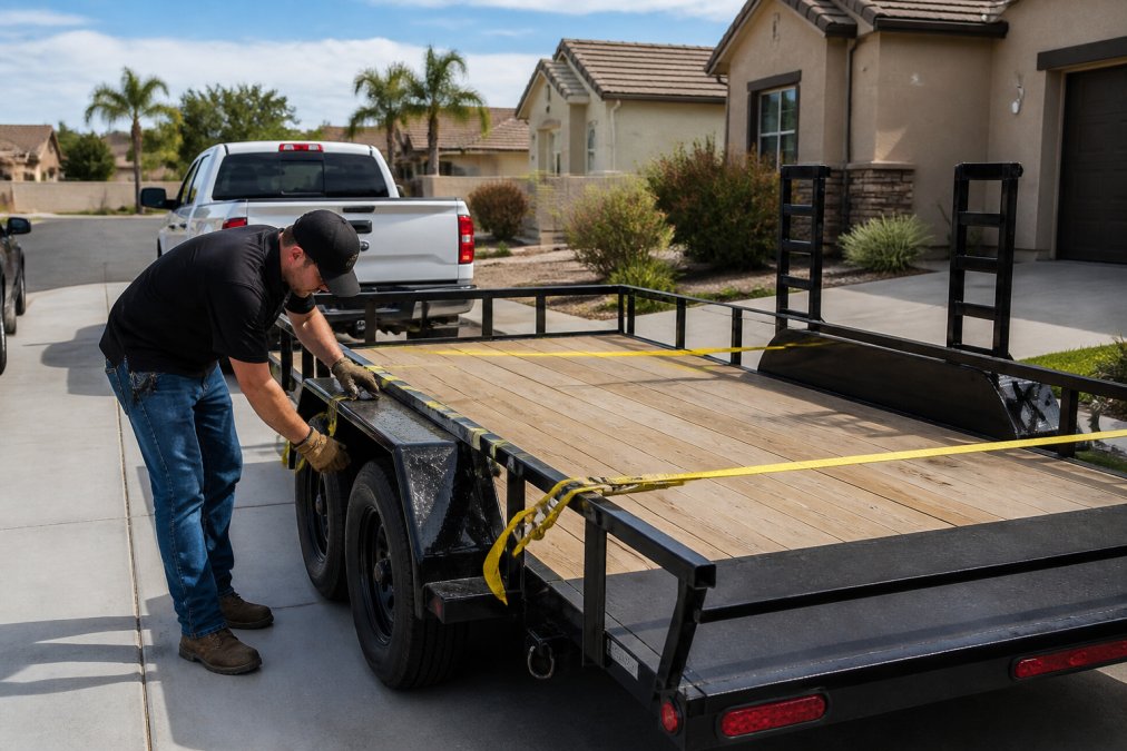 Professional delivery driver securing a utility trailer with bright yellow straps and metal ramps visible, demonstrating proper equipment securement on a residential driveway in natural daylight