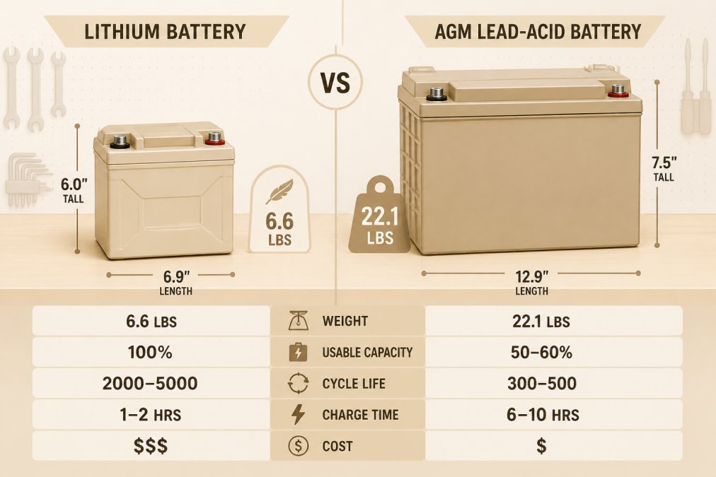 Close-up of a lithium battery and traditional AGM lead-acid battery positioned side-by-side on a workbench, showing the significant size and weight difference with the lighter lithium unit clearly visible