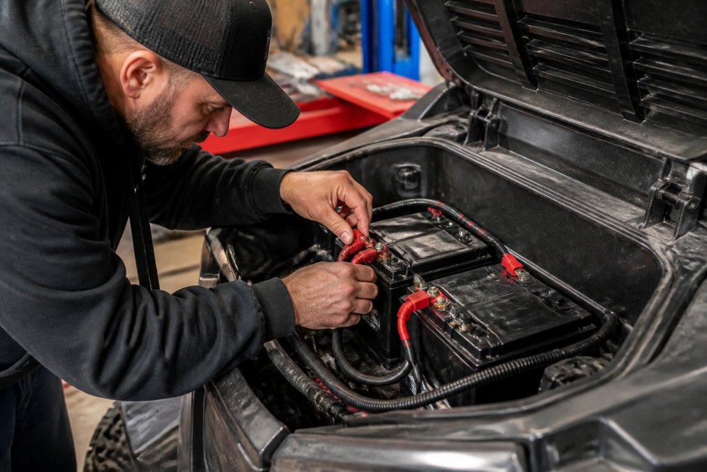 Experienced mechanic installing a dual battery system in a UTV engine bay, showing proper battery placement and color-coded wiring connections with crimped terminals, under bright workshop lighting
