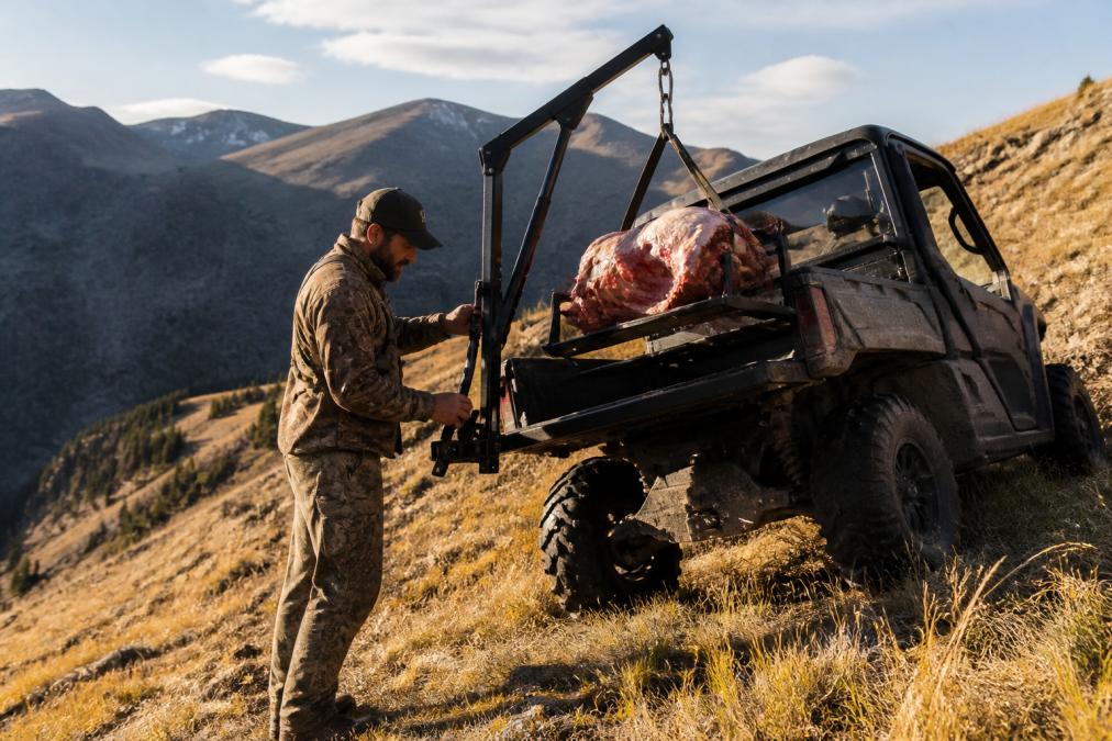 Hunter adjusting a game loader on a UTV parked on a steep grassy mountain slope with an elk quarter secured