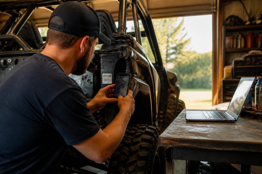 Person scanning a UTV VIN plate with a smartphone to ensure accurate UTV parts fitment in a home garage.