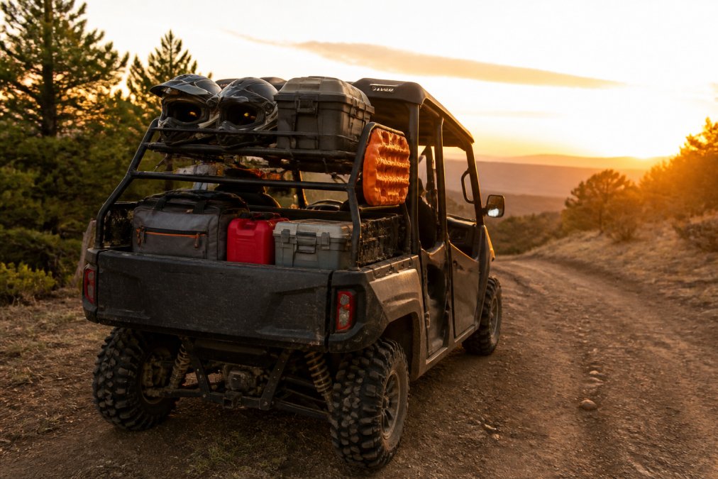 A fully loaded UTV parked on a dirt trail at golden hour, helmets and a recovery kit strapped to the rear cargo rack with organized gear in the open bed