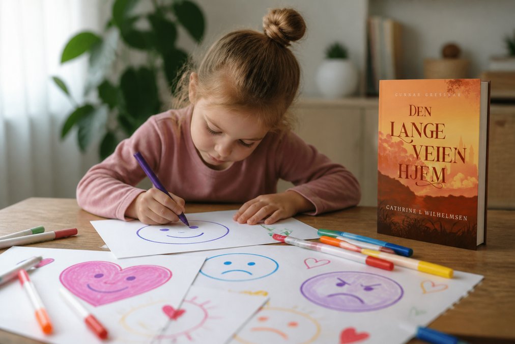 Barn som tegner og maler med fargerike tusjer, med tegninger av ansikter, hjerter og følelsesuttrykk rundt seg på papir, viser spontan kreativ uttrykk