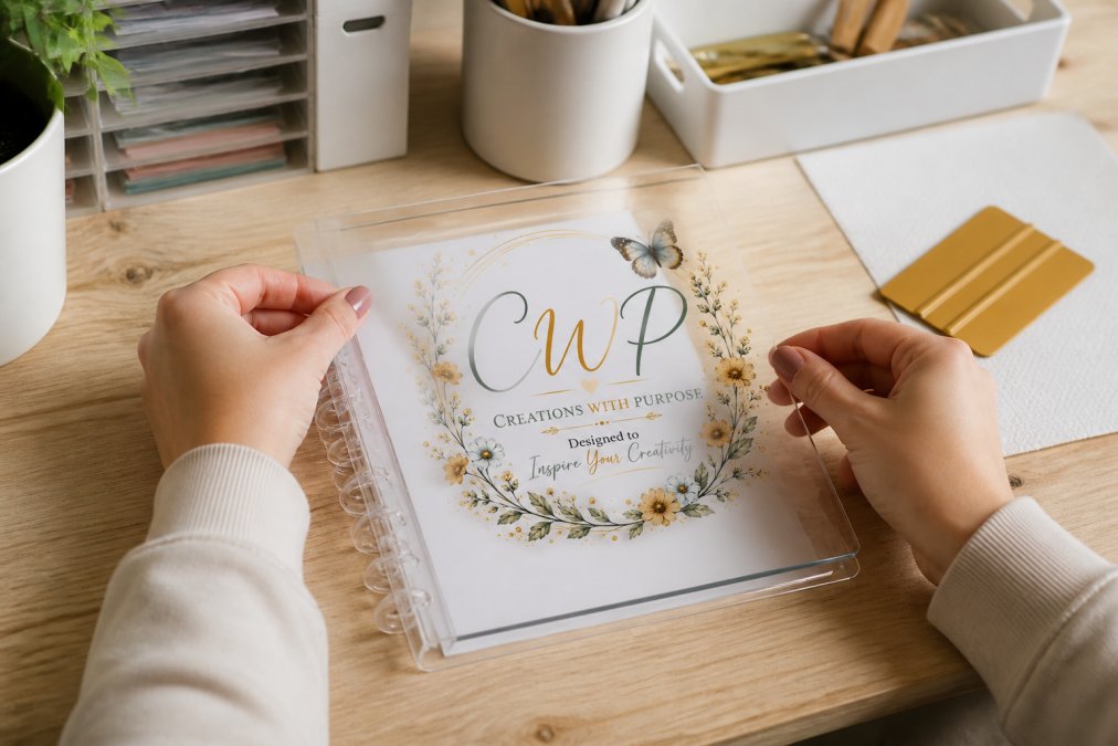 Hands carefully positioning a UV DTF wrap on a clean acrylic A5 notebook cover, showing proper alignment before pressing down, with natural workspace lighting