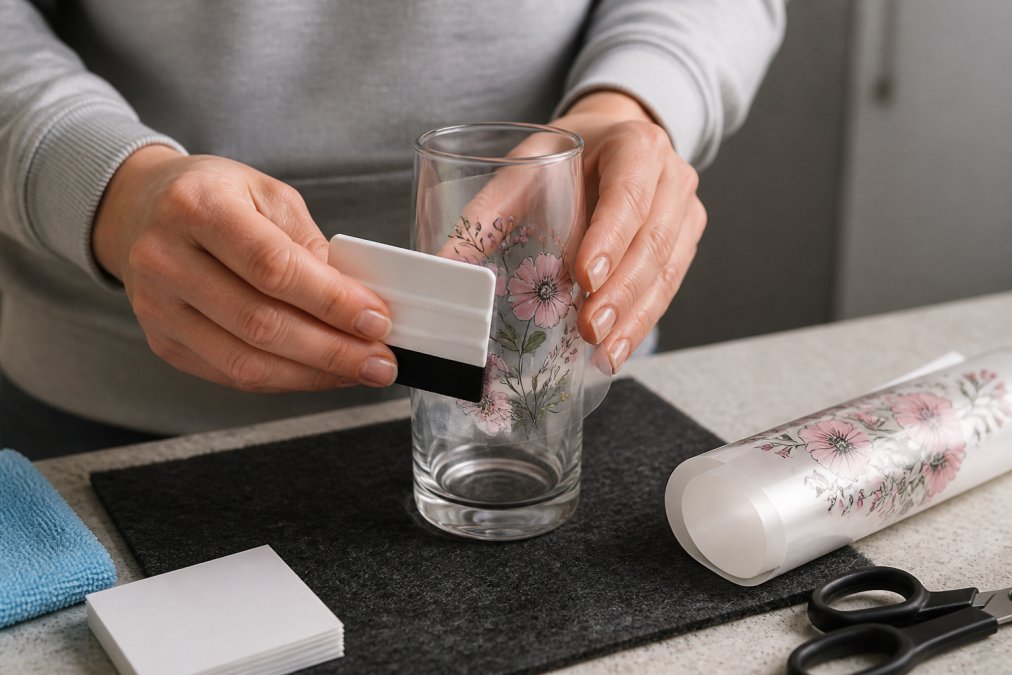Hands carefully positioning a UV DTF transfer film onto a clear glass tumbler, using a squeegee to smooth out air bubbles and ensure perfect adhesion in natural studio lighting