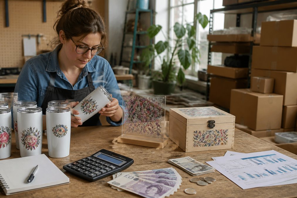 Small business owner at a wooden workbench surrounded by branded merchandise, custom ceramic tumblers with full-colour logos, acrylic signs with intricate designs, and wooden boxes with UV DTF decals, examining finished products in bright natural light