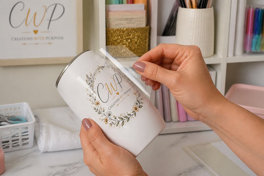 Hands peeling the backing from UV DTF element sheets to position them on a white tumbler surface