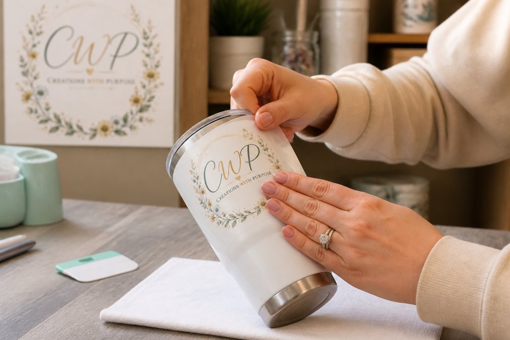 Close-up of hands applying a UV DTF transfer to a white tumbler, showing the transfer being positioned and pressed firmly onto the curved surface with even pressure