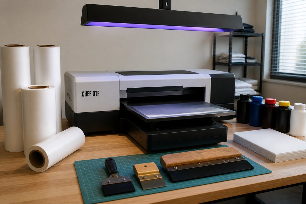 Professional UV DTF printer setup on a workbench with white transfer film rolls, UV curing lamp mounted above, squeegee tools, and colour-calibrated monitor displaying design software
