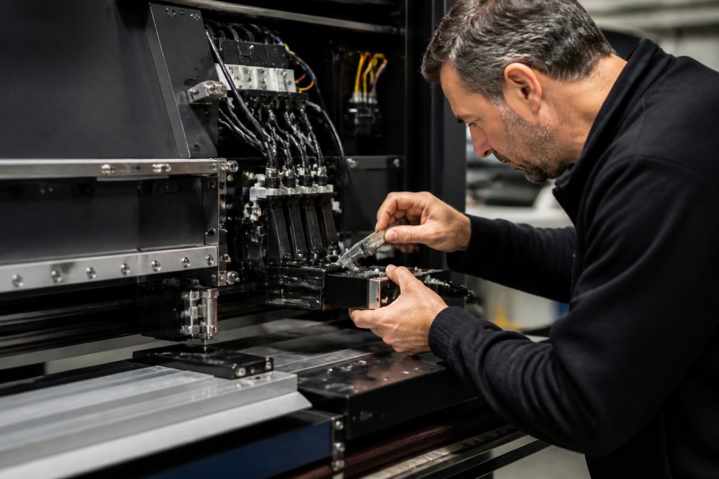 Professional technician inspecting UV printer printhead with precision measurement tools, hands-on diagnostic work in modern workshop setting with overhead lighting
