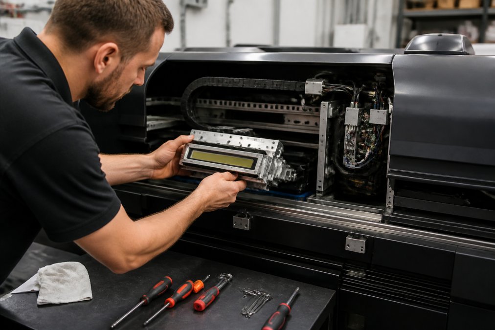 A service engineer in a professional print facility installing an LED curing module into an open UV printer, with the print head assembly visible and tools laid out nearby