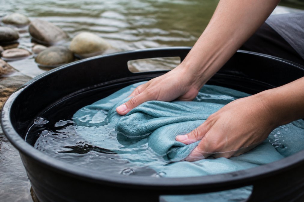 Close-up of hands gently washing outdoor apparel in cool water, showing proper care technique for maintaining fabric integrity and UV protection