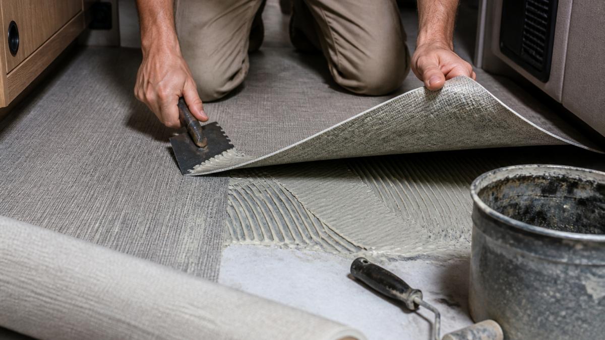 Professional technician's hands applying woven vinyl flooring material to RV subfloor, demonstrating proper adhesive application technique with tools and materials visible on work surface