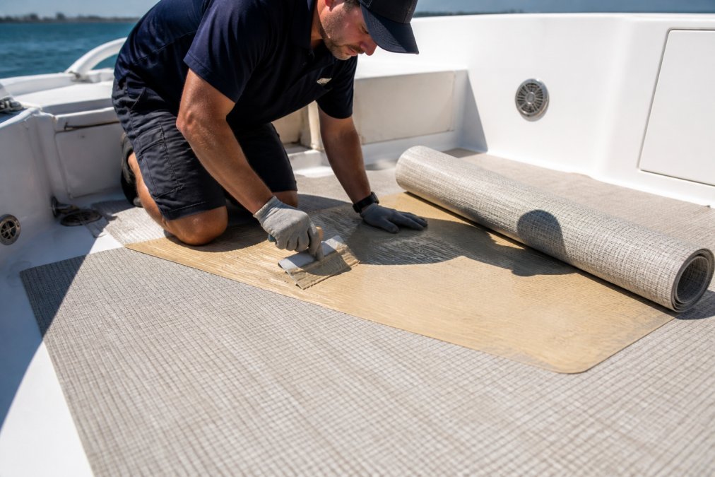 Professional technician carefully applying adhesive to the back of woven vinyl flooring while preparing to install it on a yacht deck, showing proper seam alignment and adhesive backing technique under bright natural sunlight