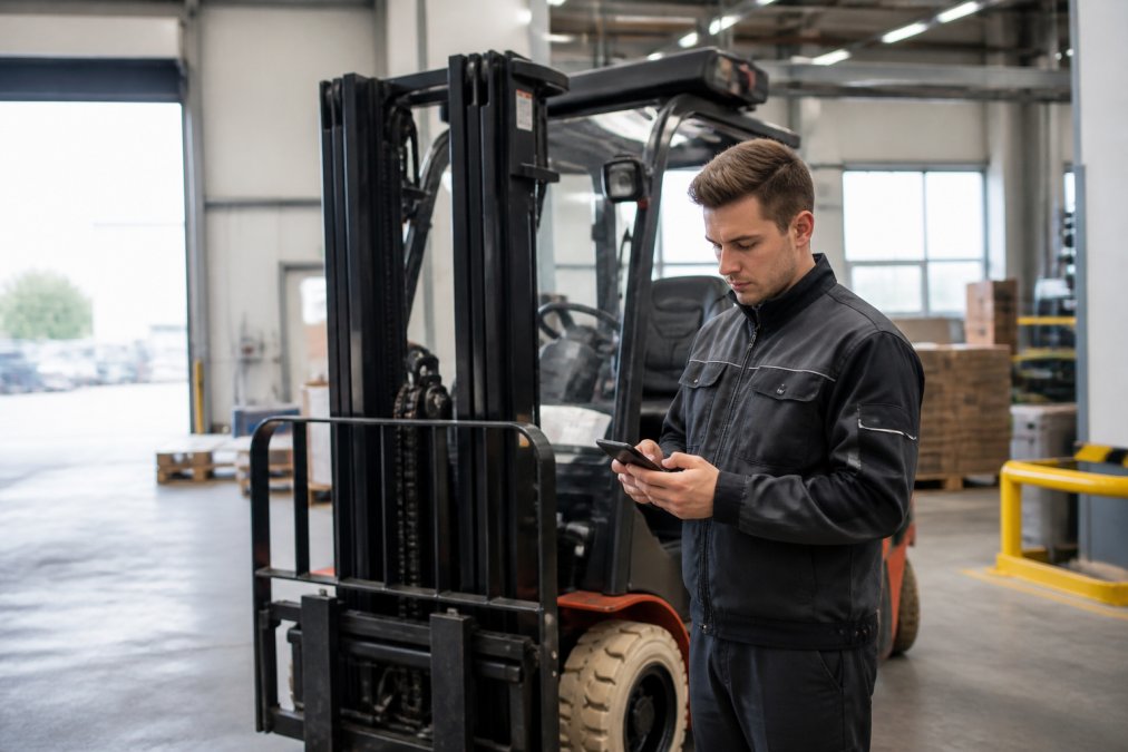 Sachkundiger oder befähigte Person führt UVV-Prüfung an Gabelstapler durch, nutzt Smartphone mit Prüf-App, dokumentiert Ergebnisse vor Ort in moderner Produktionshalle mit Tageslicht