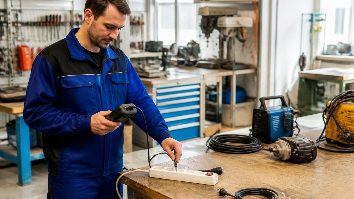 Ein Facharbeiter in Arbeitskleidung hält ein Prüfgerät an eine Steckdosenleiste in einer Werkstatt, im Hintergrund sind weitere elektrische Betriebsmittel und Werkbänke zu sehen