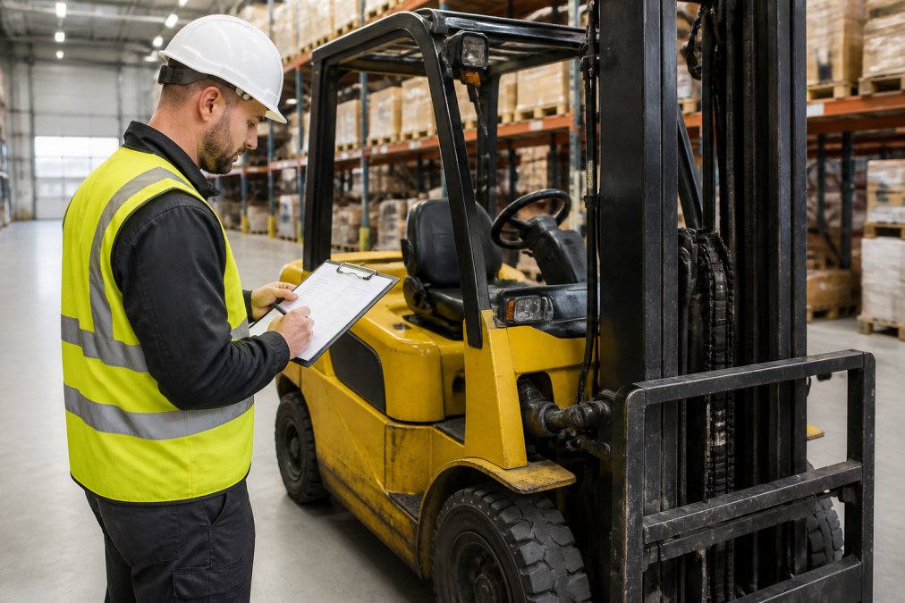 Ein Techniker in Arbeitsschutzkleidung und Warnweste prüft mit Klemmbrett und Checkliste einen gelben Gabelstapler in einer hellen Lagerhalle mit Hochregalen im Hintergrund