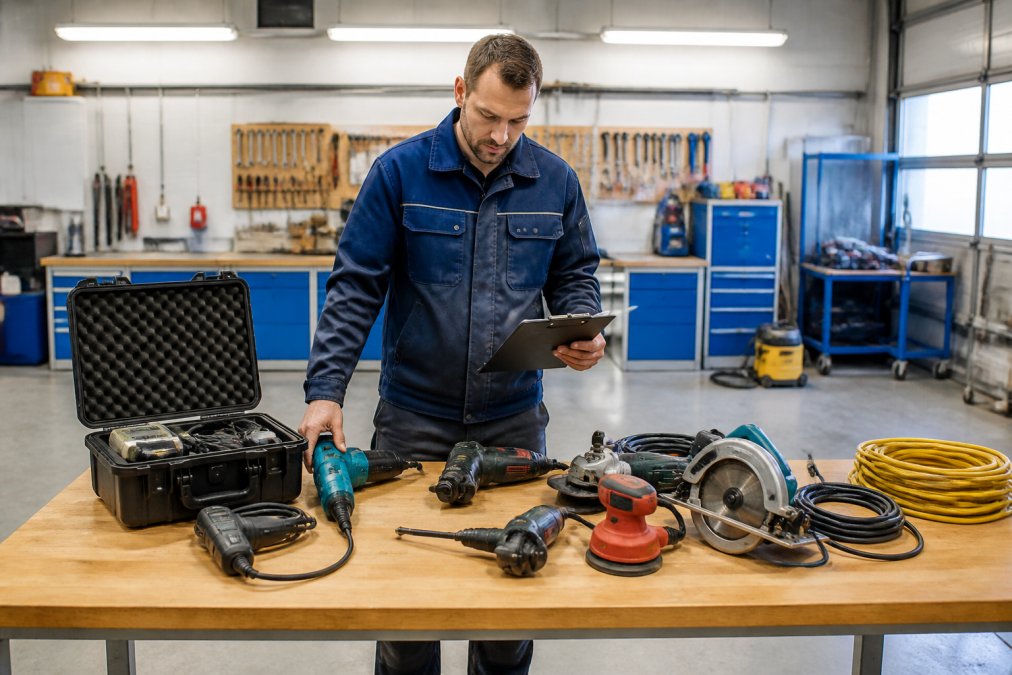 Handwerker in moderner Werkstatt bereitet Checkliste und Prüfgeräte vor, sortiert verschiedene Elektrowerkzeuge auf Arbeitstisch unter heller LED-Beleuchtung