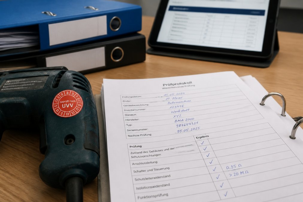 Nahaufnahme von Prüfprotokoll mit handschriftlichen Einträgen, Prüfplakette auf Elektrowerkzeug, Tablet mit digitaler Dokumentationssoftware auf Schreibtisch mit Ordnern