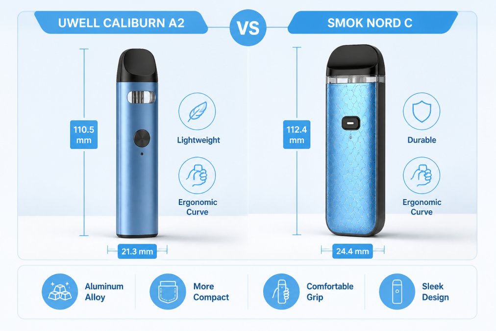 Close-up of a Uwell Caliburn A2 device and SMOK Nord C pod system side-by-side on a clean white surface, showing the sleek aluminum-alloy construction, ergonomic curves, and size difference between the compact Uwell and larger SMOK device