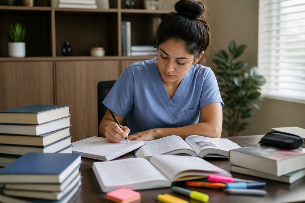 Nursing student studying on a laptop with textbooks and notes spread across a desk, looking focused and organized