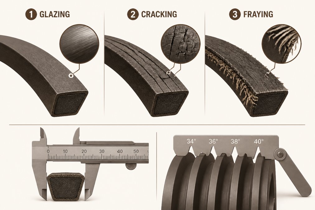 Side-by-side comparison of three failed V-belts labeled 'Glazing', 'Cracking', and 'Fraying' on a white background, with a caliper and sheave gauge in the frame