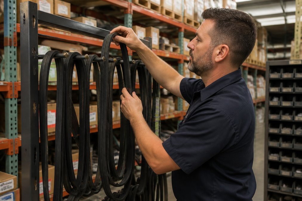 Professional mechanic carefully hanging multiple v-belts on a metal saddle rack in an organized warehouse setting, showing proper spacing and support between each belt